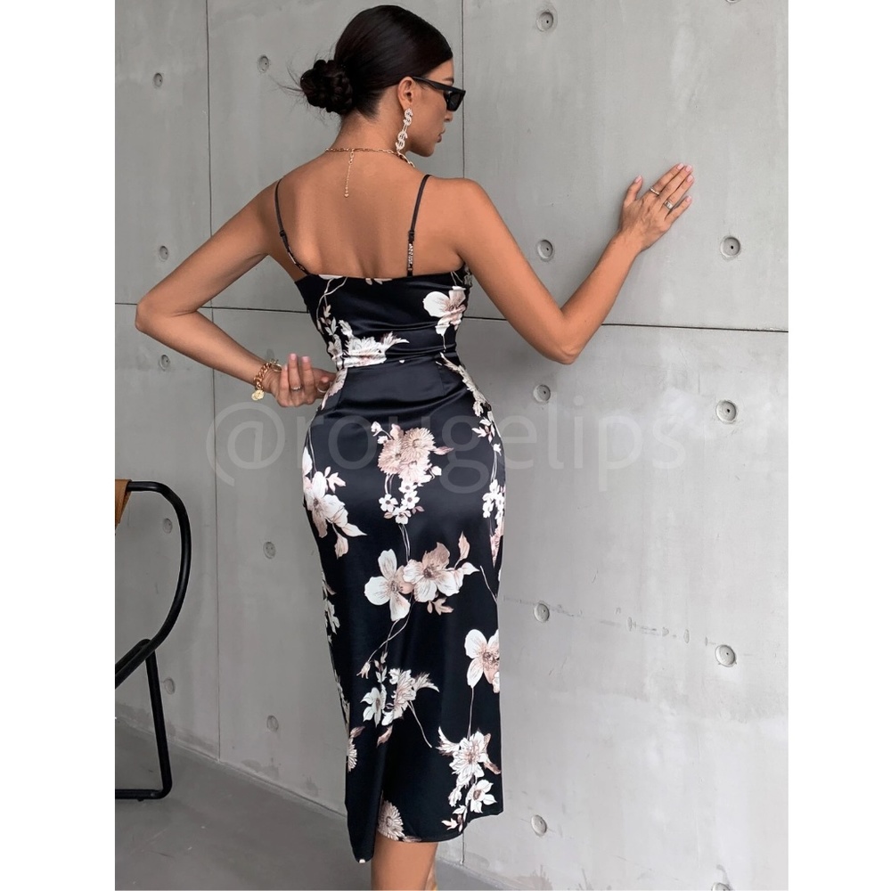 Floral Print Cowl Neckline Cami Satin Midi Dress Black  Leg Slit - Picture 6 of 8